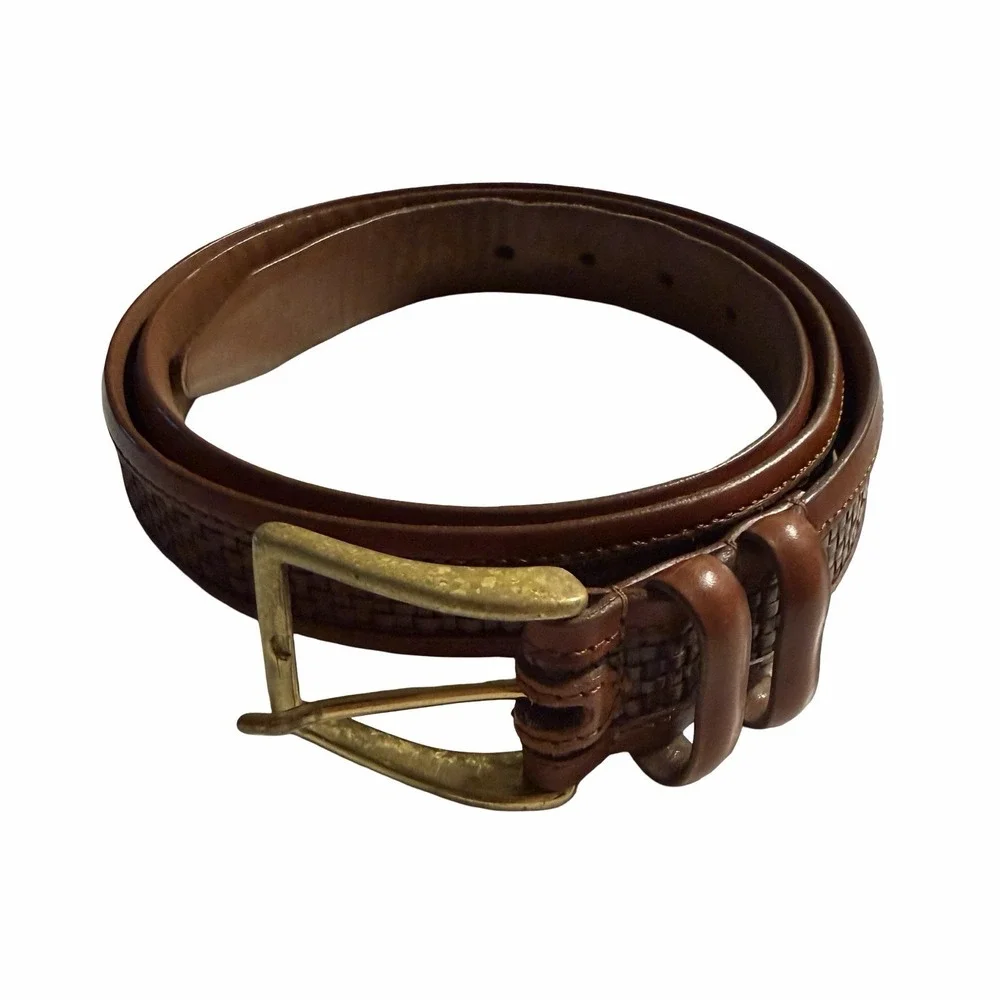 Allen Edmonds Basketweave Leather Belt Brown Solid Brass USA 46 Calfskin VTG